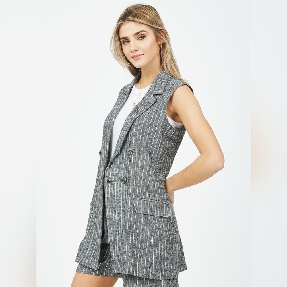 Suzy Shier Linen pinStripe  Long Vest Sleeveless Waistcoat Size S